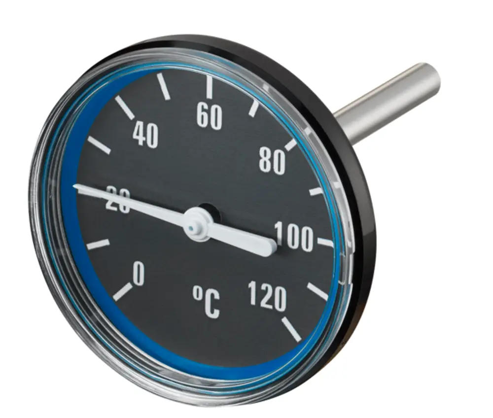 Oventrop Thermometer mit schwarzem Ziffernblatt und blauer Umrandung. Skala von 0 °C bis 120 °C, Anzeige für Temperaturmessung.